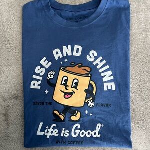 Life Is Good Light Blue Tee with Coffee Mug Graphic